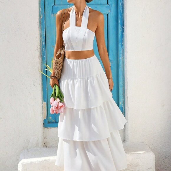White Boho Women's Short Halter Neck Tank Top And Ruffle Hem Mini Skirt Set - Picture 6 of 6